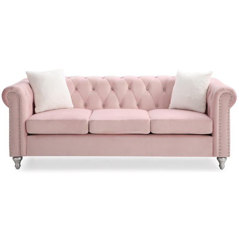 Maklaine Contemporary Jeweled Tufted Micro Suede Velvet Sofa in Pink