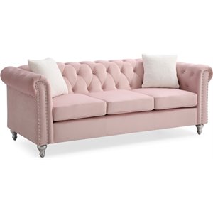 Maklaine Contemporary Jeweled Tufted Micro Suede Velvet Sofa in Pink