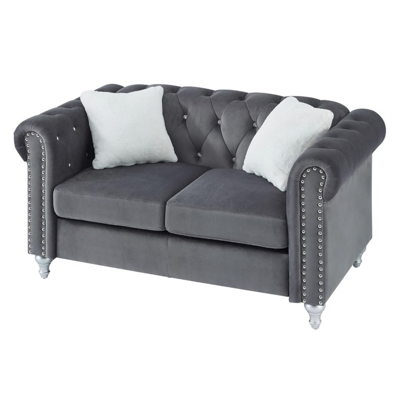 Maklaine Contemporary Jeweled Tufted Micro Suede Velvet Loveseat in Gray