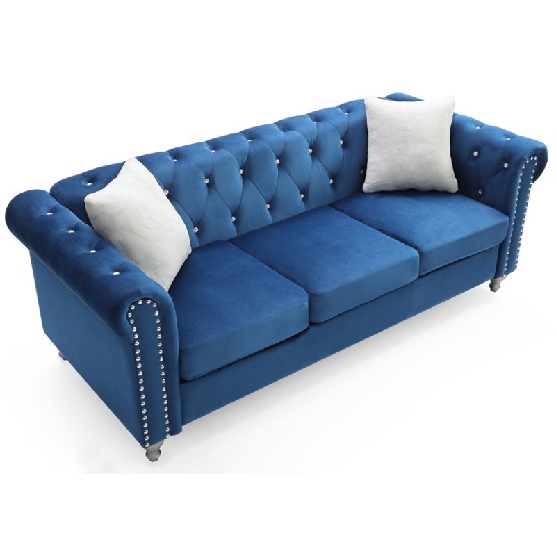 Maklaine Contemporary Jeweled Tufted Micro Suede Velvet Sofa in Navy Blue