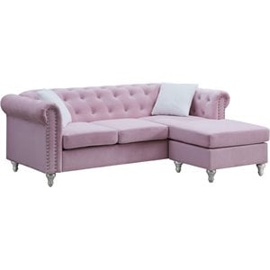Maklaine Contemporary Faux Jewel Tufted Velvet Sofa Chaise in Pink