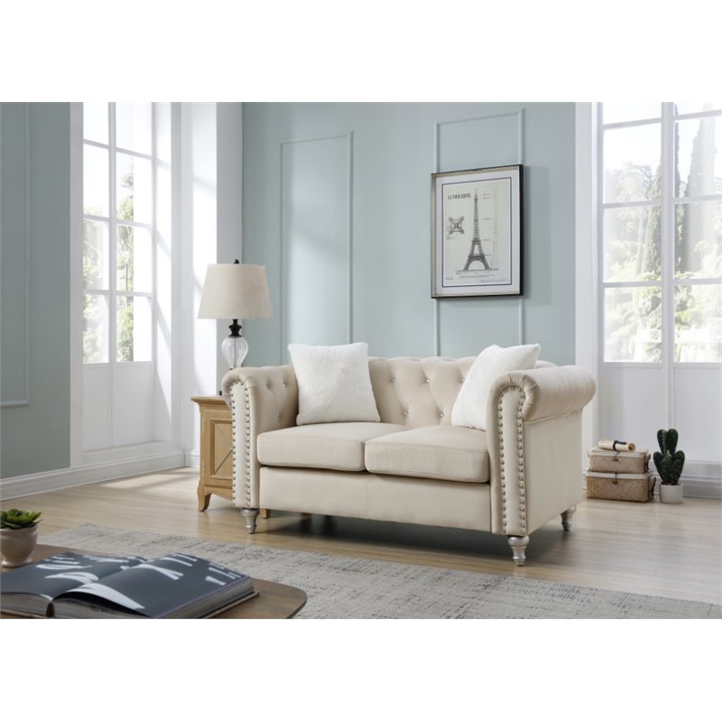 Maklaine Contemporary Jeweled Tufted Micro Suede Velvet Loveseat in Beige