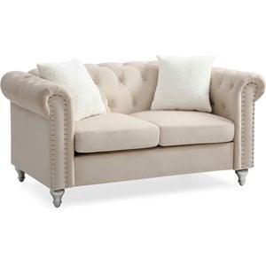 Maklaine Contemporary Jeweled Tufted Micro Suede Velvet Loveseat in Beige