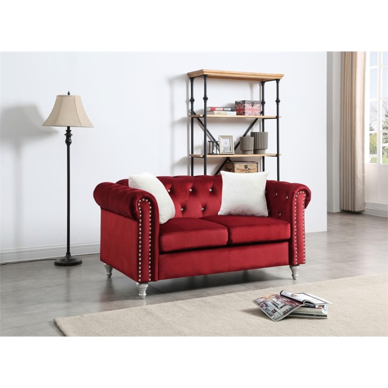Maklaine Contemporary Jeweled Tufted Micro Suede Velvet Loveseat in Burgundy