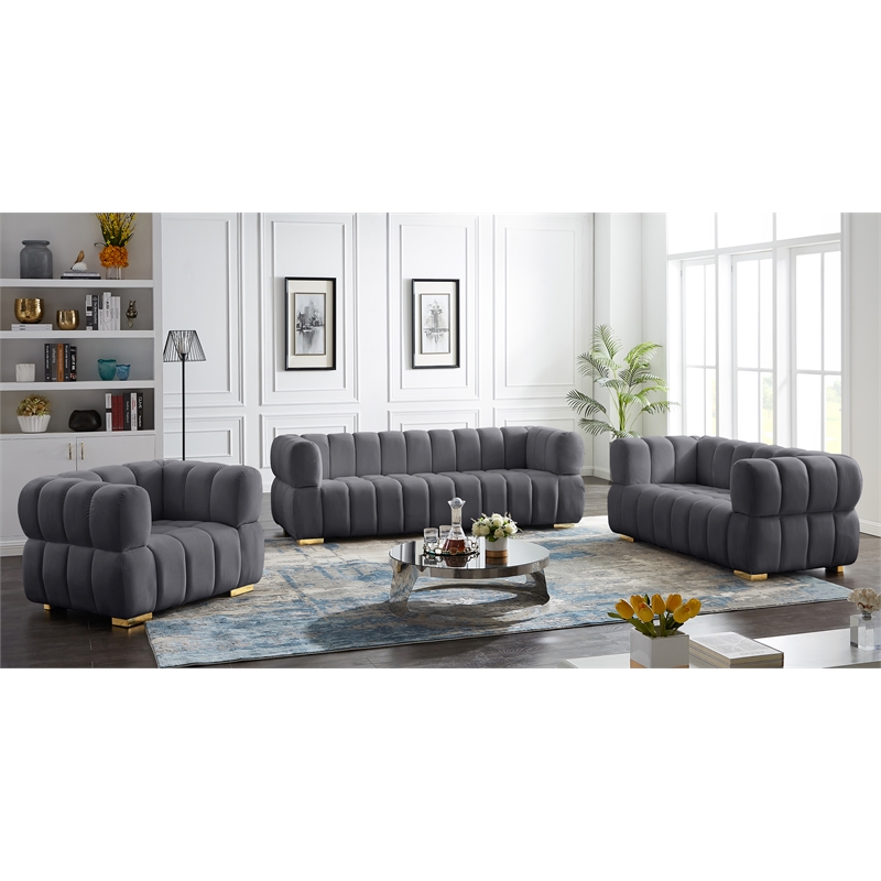 Maklaine Contemporary Deep Biscuit Tufted Soft Gray Velvet Sofa