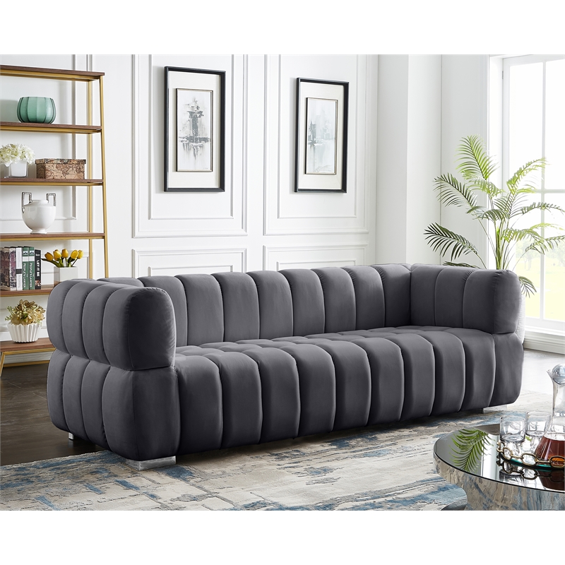 Maklaine Contemporary Deep Biscuit Tufted Soft Gray Velvet Sofa