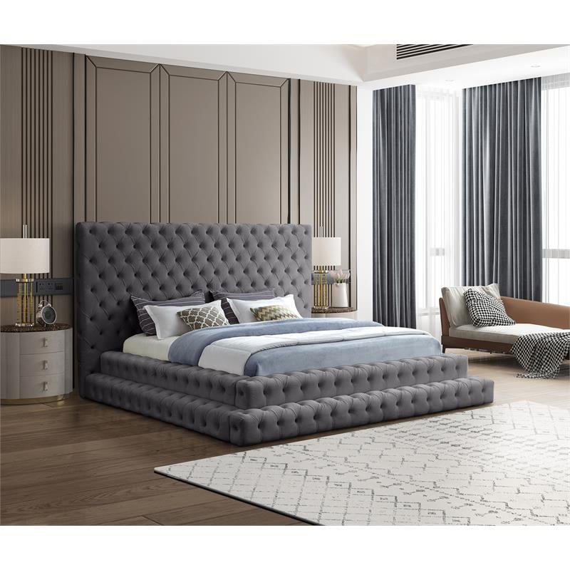 Maklaine Contemporary Deep Button Tufted Gray Velvet King Bed