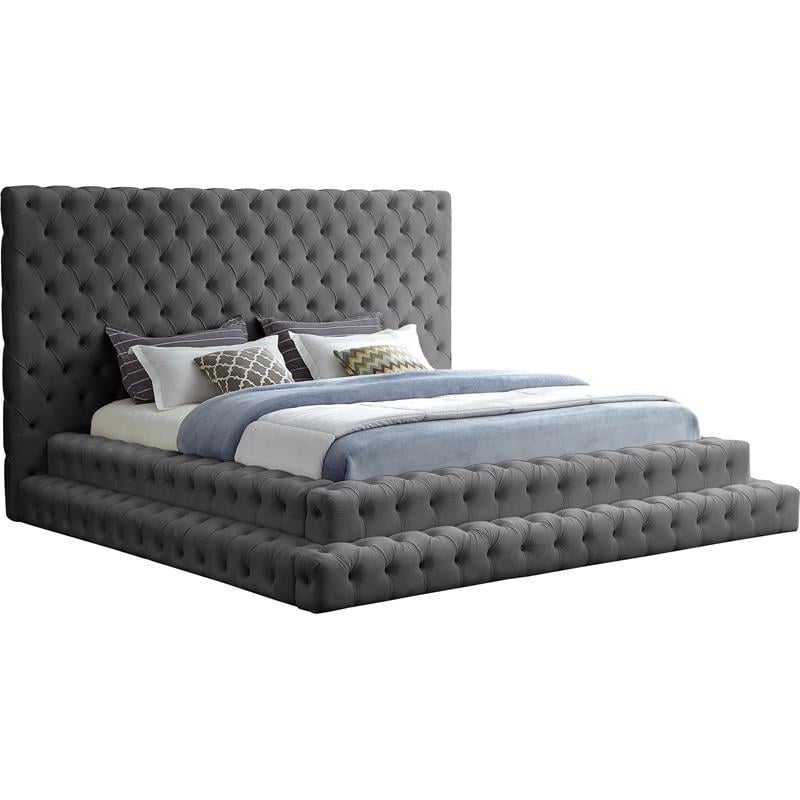 Maklaine Contemporary Deep Button Tufted Gray Velvet King Bed