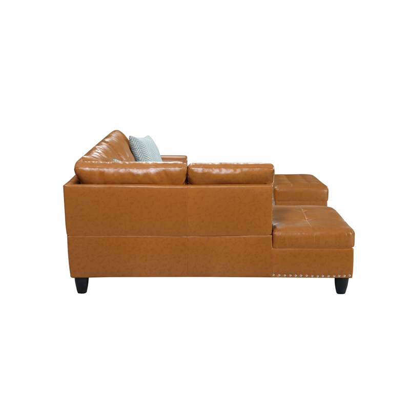 Maklaine Modern Faux Leather Sectional Sofa with Ottoman-Brown