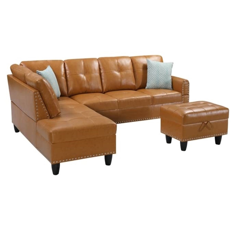 Maklaine Modern Faux Leather Sectional Sofa with Ottoman-Brown