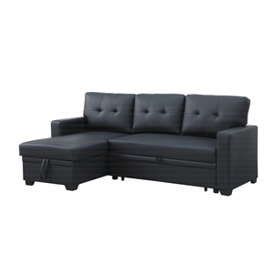 Maklaine Faux Leather Reversible Sleeper Sectional Sofa-Black