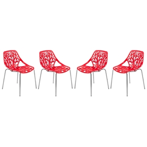 Maklaine Modern Dining Side Chair With Chromed Legs in Red Set of 4