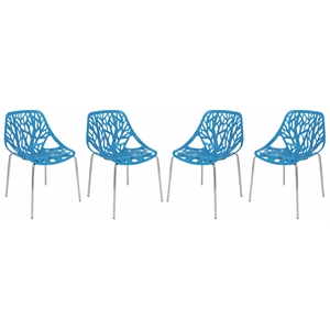 Maklaine Modern Dining Side Chair With Chromed Legs in Blue Set of 4