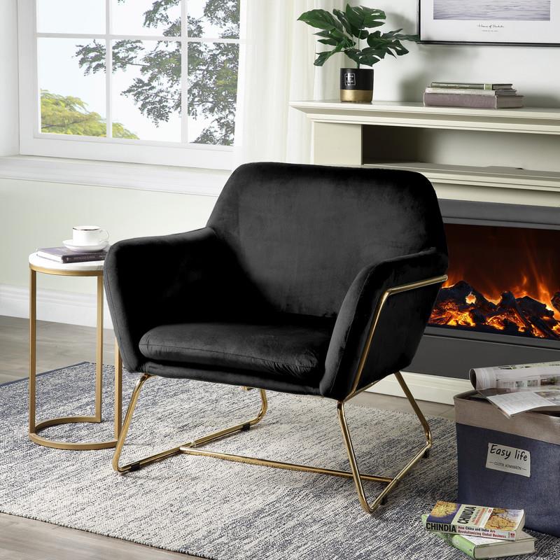 Maklaine Modern Soft Velvet Accent Arm Chair with Metal Base in Black