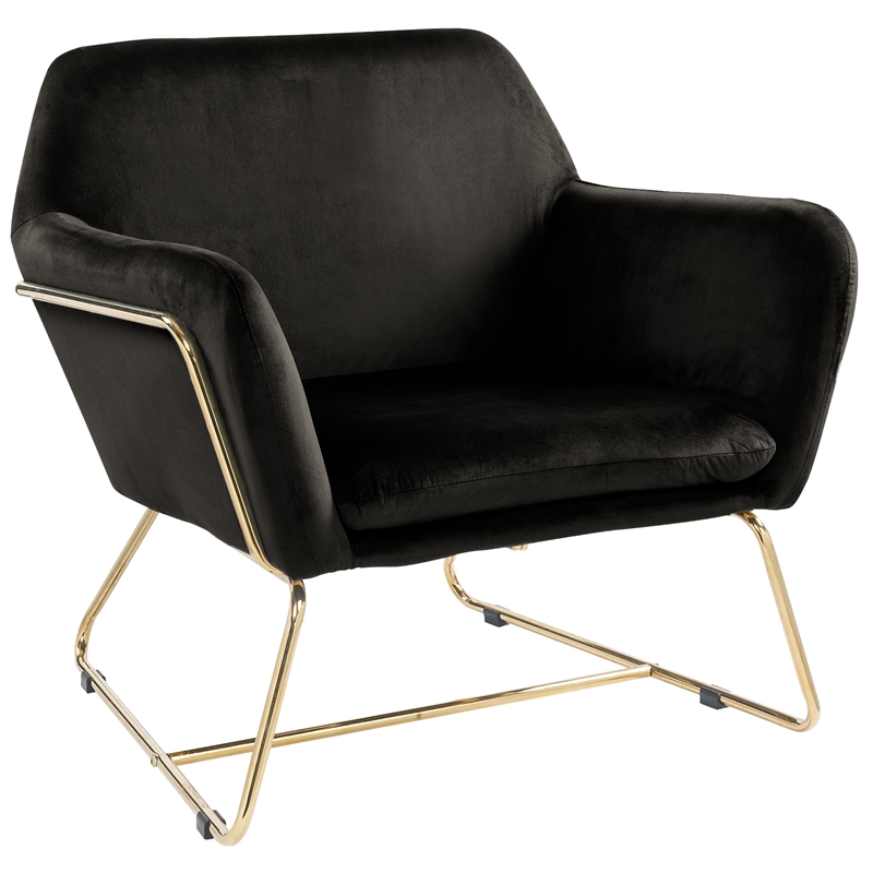 Maklaine Modern Soft Velvet Accent Arm Chair with Metal Base in Black