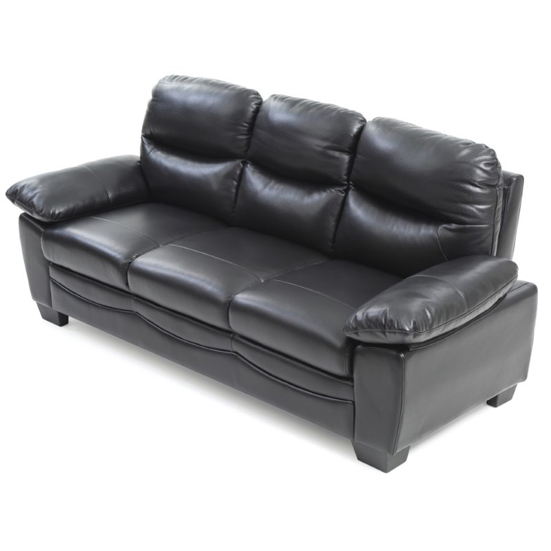 Maklaine Contemporary Pocket Coil Spring Seating Faux Leather Sofa in Black
