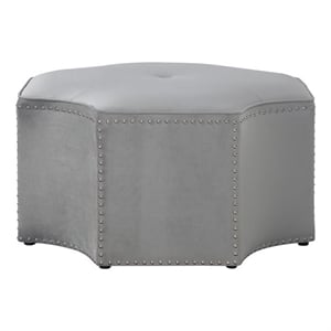 Maklaine Velvet Upholstered Octagon Cocktail Ottoman in Gray