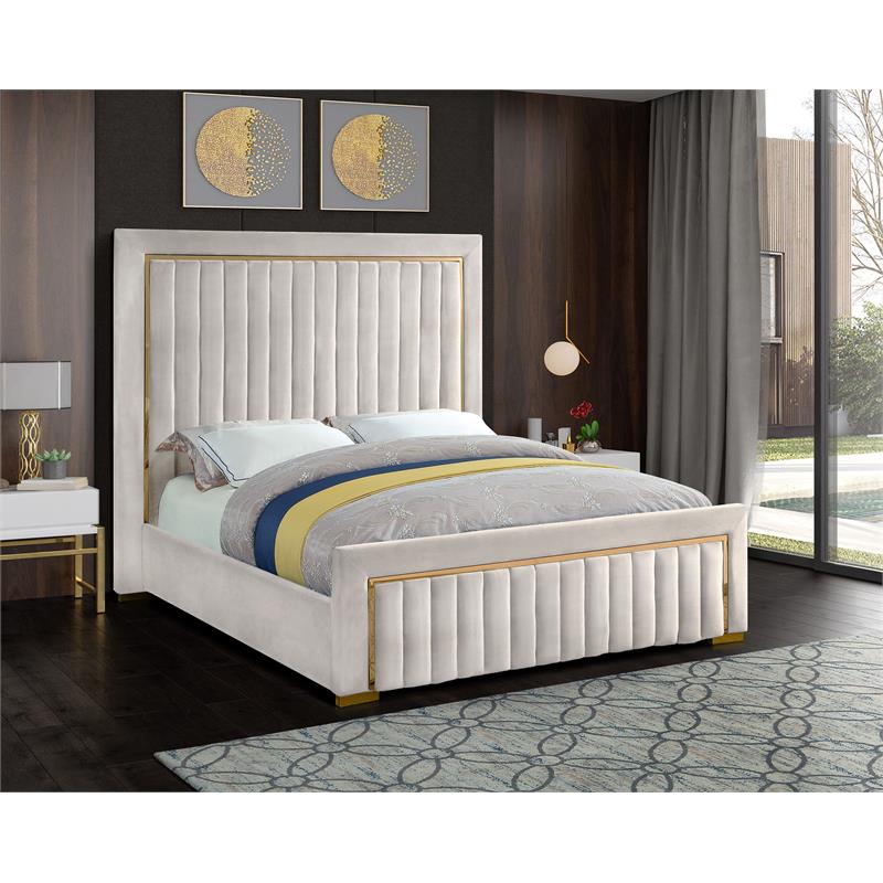 Maklaine Contemporary Solid Wood and Velvet Queen Bed in Cream