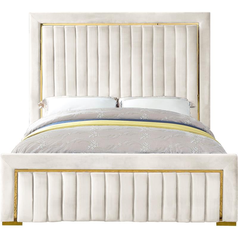 Maklaine Contemporary Solid Wood and Velvet Queen Bed in Cream