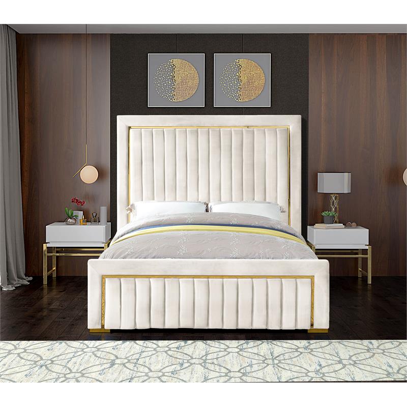 Maklaine Contemporary Solid Wood and Velvet Queen Bed in Cream