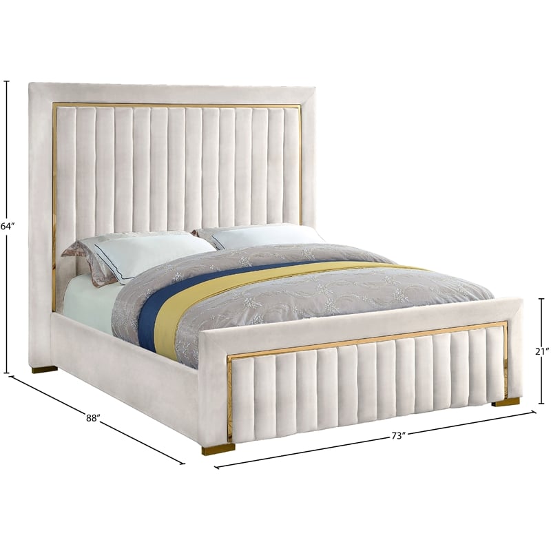 Maklaine Contemporary Solid Wood and Velvet Queen Bed in Cream