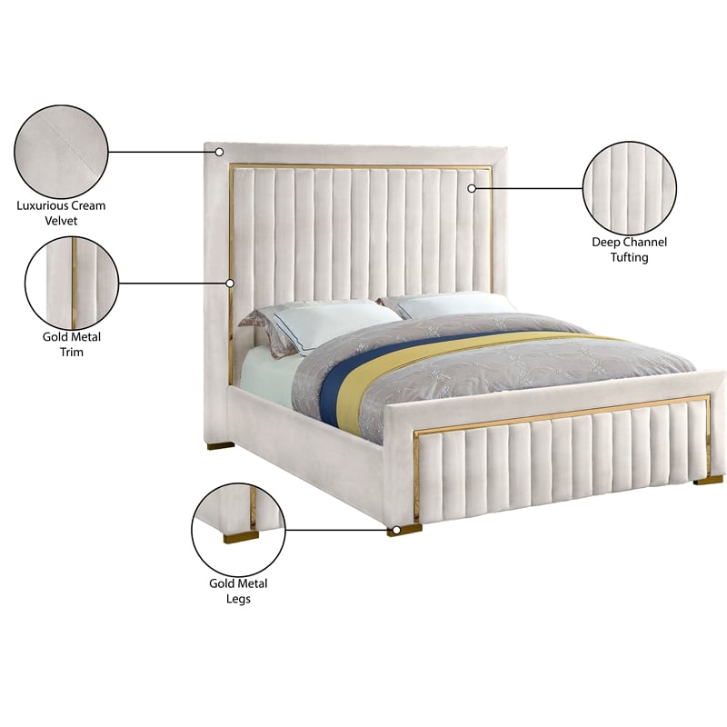 Maklaine Contemporary Solid Wood and Velvet Queen Bed in Cream
