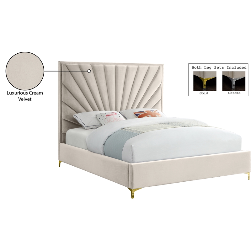 Maklaine Contemporary Solid Wood and Velvet Queen Bed in Cream