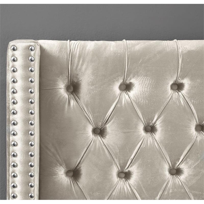 Maklaine Solid Wood Tufted Velvet Wing Back Queen Bed in Cream