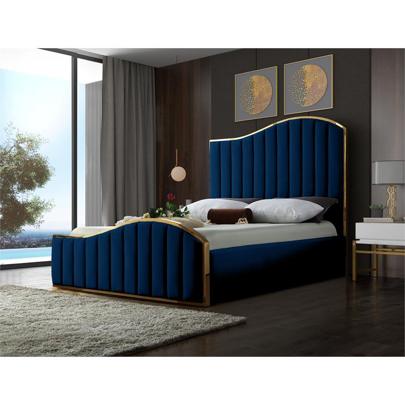 Maklaine Contemporary Solid Wood and Velvet King Bed in Navy