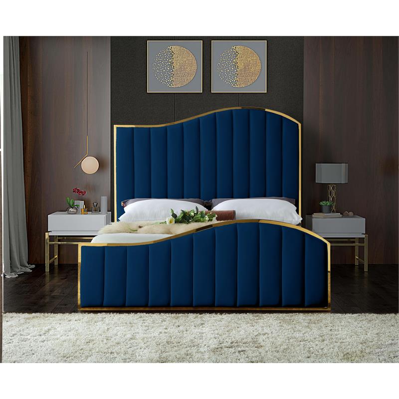 Maklaine Contemporary Solid Wood and Velvet King Bed in Navy