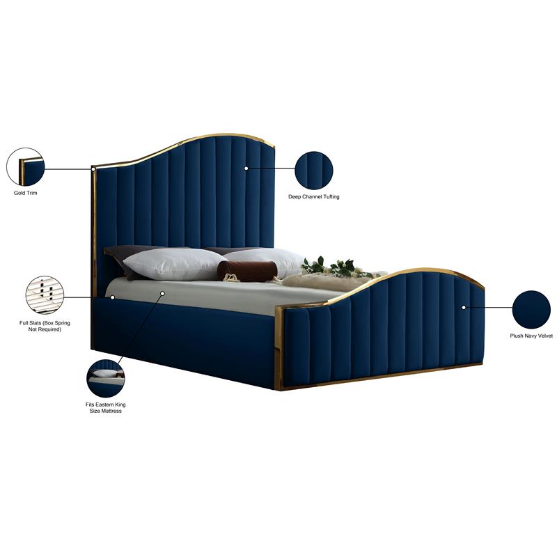 Maklaine Contemporary Solid Wood and Velvet King Bed in Navy