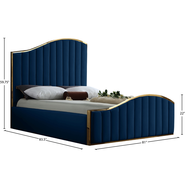 Maklaine Contemporary Solid Wood and Velvet King Bed in Navy