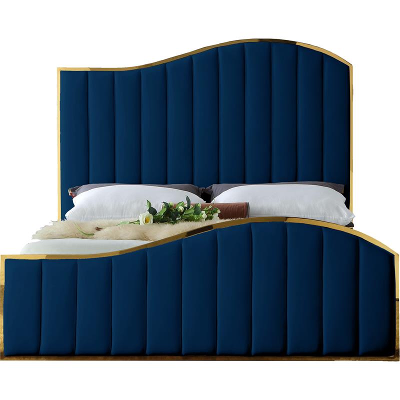 Maklaine Contemporary Solid Wood and Velvet King Bed in Navy