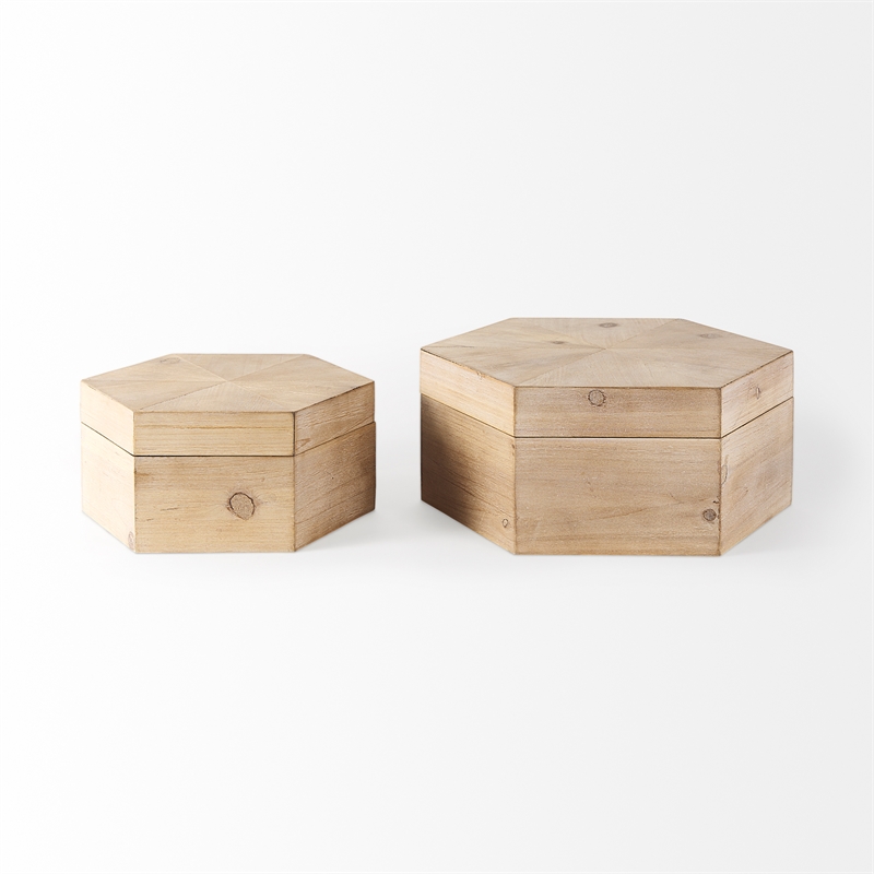Maklaine Farmhouse Set of 2 Brown Finish Wooden Hexagonal Boxes