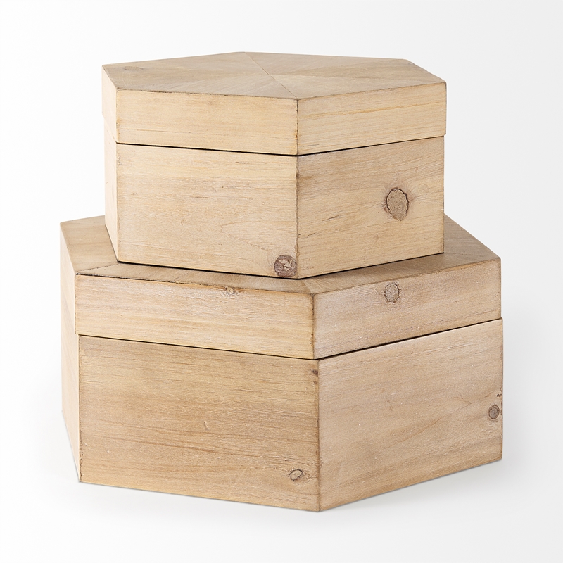 Maklaine Farmhouse Set of 2 Brown Finish Wooden Hexagonal Boxes