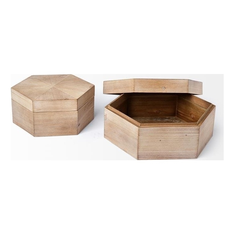 Maklaine Farmhouse Set of 2 Brown Finish Wooden Hexagonal Boxes