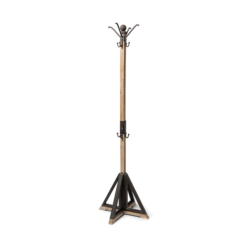Maklaine Farmhouse Black Metal and Light Brown Wood Coat Rack