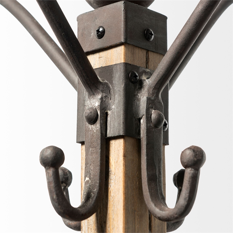 Maklaine Farmhouse Black Metal and Light Brown Wood Coat Rack
