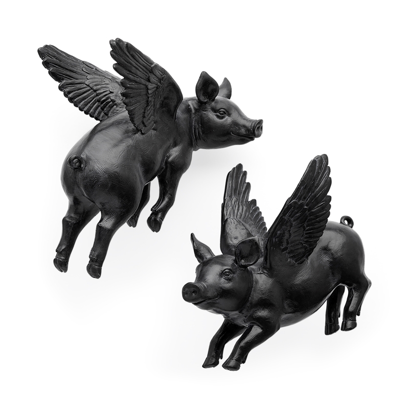 Maklaine Farmhouse Set of 2 Wall Objects of Black Resin Flying Pigs