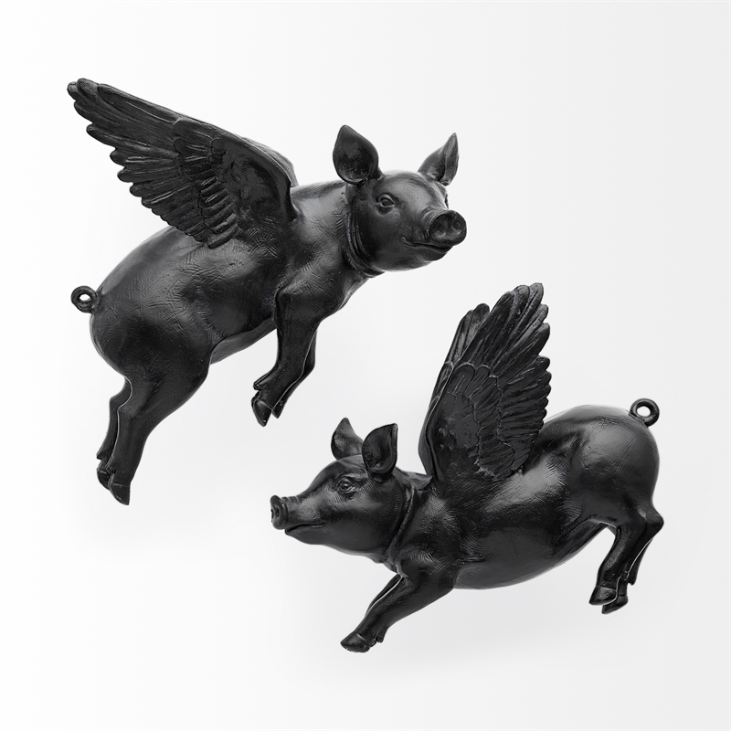 Maklaine Farmhouse Set of 2 Wall Objects of Black Resin Flying Pigs