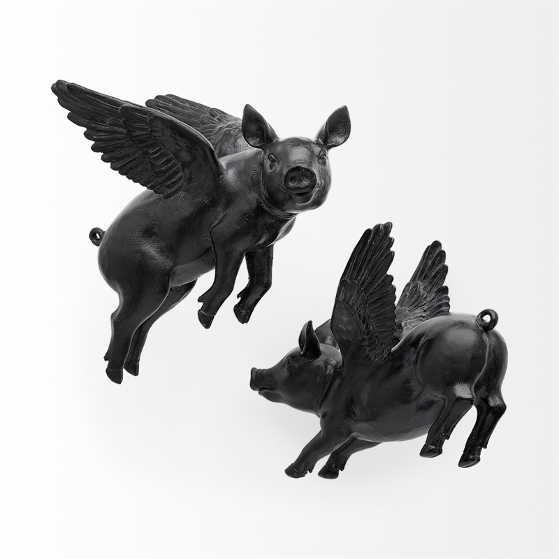 Maklaine Farmhouse Set of 2 Wall Objects of Black Resin Flying Pigs