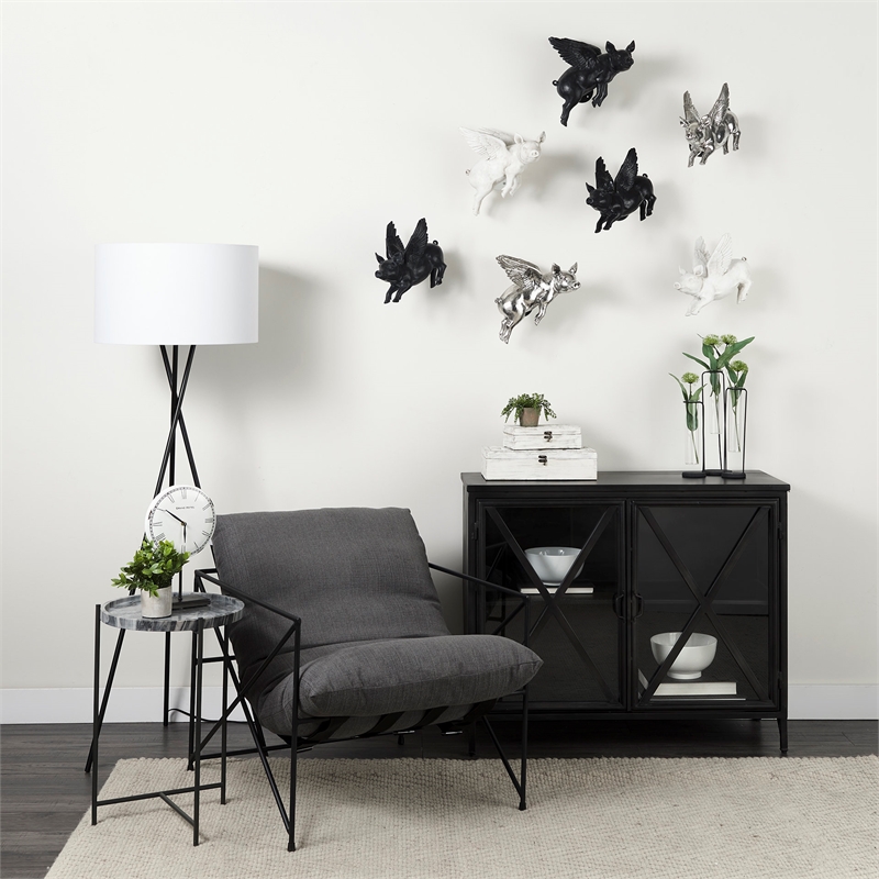 Maklaine Farmhouse Set of 2 Wall Objects of Black Resin Flying Pigs