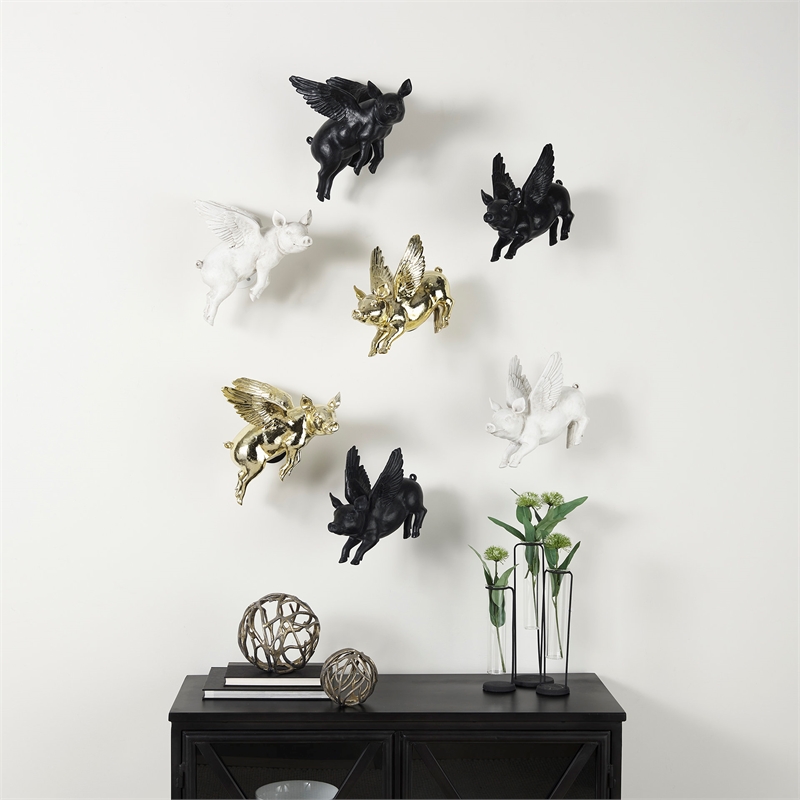 Maklaine Farmhouse Set of 2 Wall Objects of Black Resin Flying Pigs