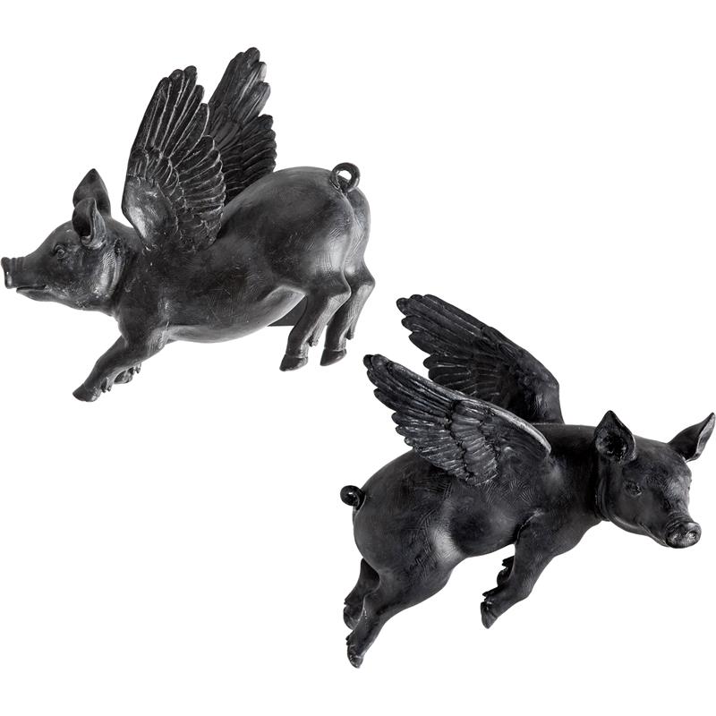 Maklaine Farmhouse Set of 2 Wall Objects of Black Resin Flying Pigs