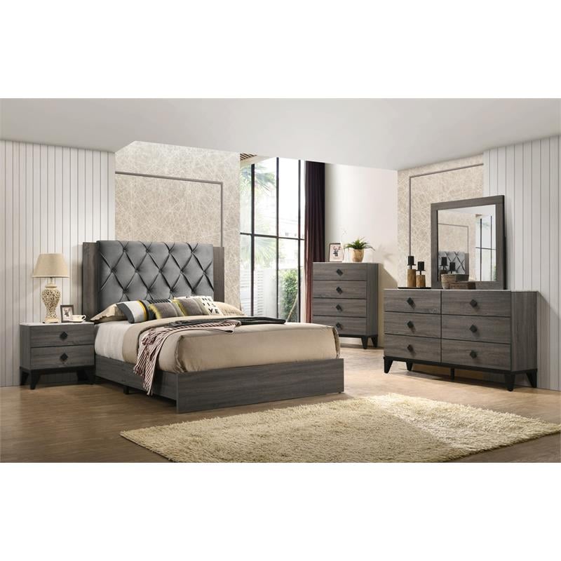 Maklaine California King Panel Bed in Walnut and Tufted Headboard