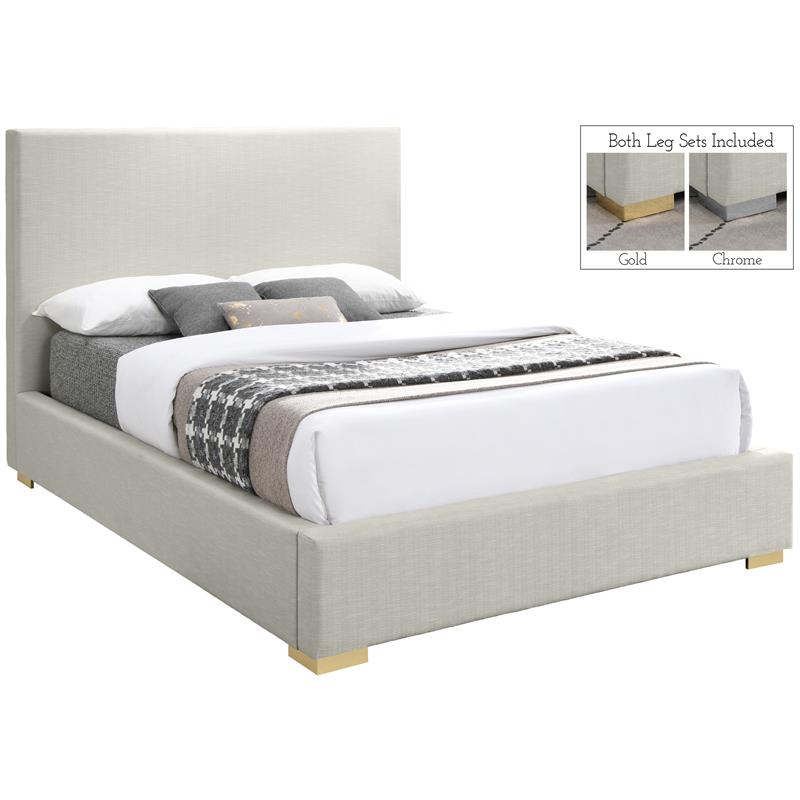Maklaine Mid-Century Beige Finish Linen Textured Fabric Queen Bed