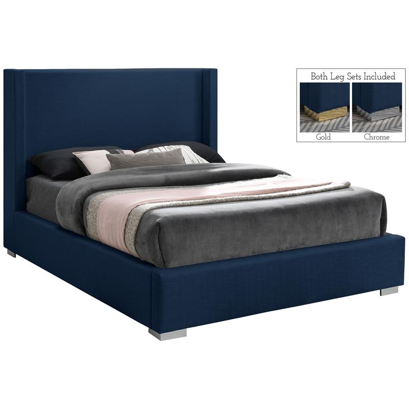Maklaine Mid-Century Navy Finish Linen Textured Fabric Queen Bed