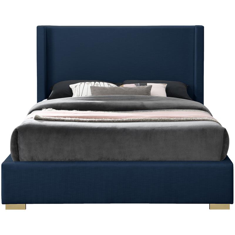 Maklaine Mid-Century Navy Finish Linen Textured Fabric Queen Bed
