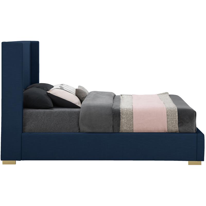 Maklaine Mid-Century Navy Finish Linen Textured Fabric Queen Bed