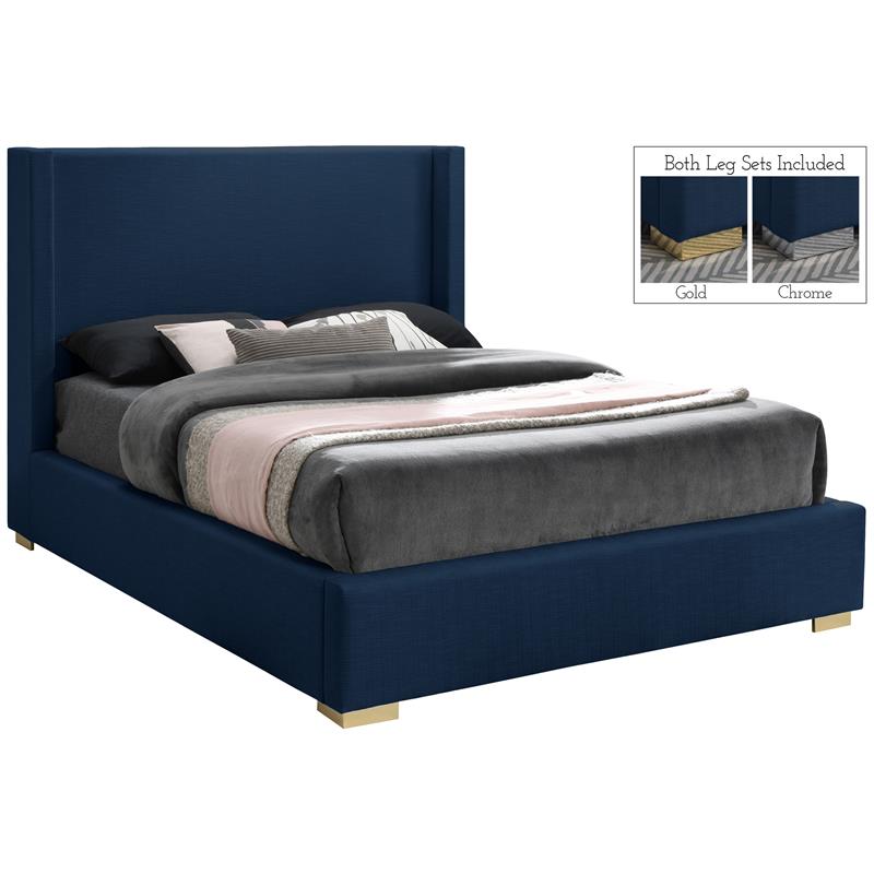 Maklaine Mid-Century Navy Finish Linen Textured Fabric Queen Bed